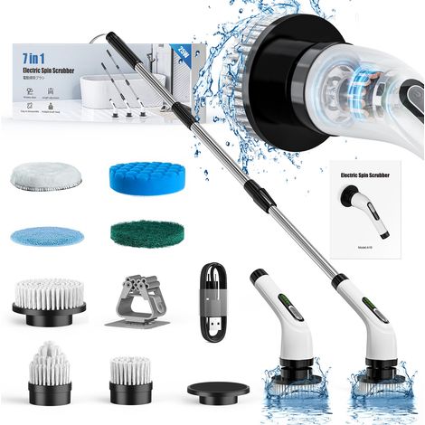 Brosse de nettoyage électrique rotative 420RPM, 7 têtes remplaçables, 90min d'autonomie, 2 vitesses réglables pour salle de bain, douche, baignoire, vitres et voiture (1/5)