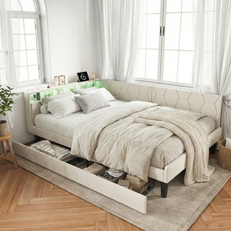 Letto con 2 cassetti 140x200, letto matrimoniale adulti con illuminazione LED e porte USB/Type-C, testiera con contenitore, velluto, stile moderno, Beige