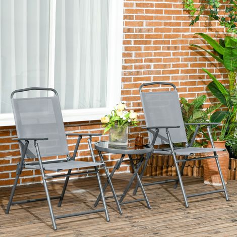 Mobiliario de balcón plegable de metal gris claro, set bistró con 1 mesa de cristal templado y 2 sillas de exterior (1/5)
