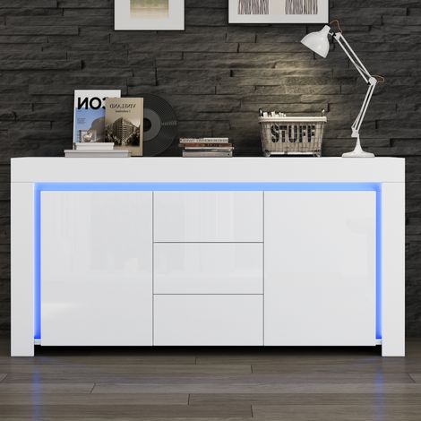 Aparador de MDF blanco brillo 140 x 40 x 65 cm con 2 puertas, 3 cajones, baldas regulables y LED (1/5)