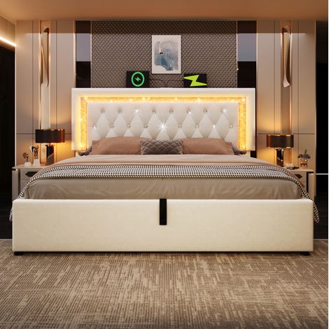 Lit rembourré 140x200 cm en velours beige avec LED, USB, rangement et matelas (1/5)