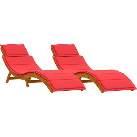 Chaise longue Transat Bain de soleil avec coussin 2 pcs Rouge Bois d'Acacia Massif (1/5)