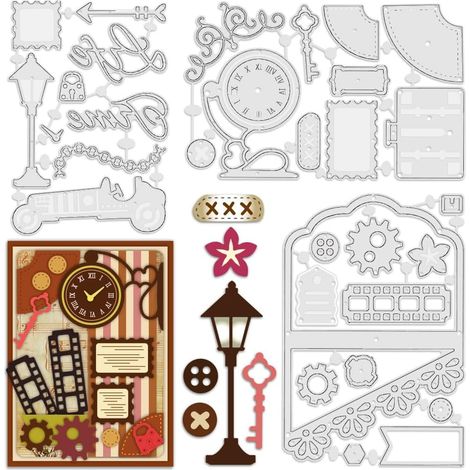 Lot de 3 matrices de découpe rétro en métal pour la fabrication de cartes, horloges, lampadaires, valises, engrenages de voiture, pochoirs pour bricolage, scrapbooking, journal, gaufrage (1/5)