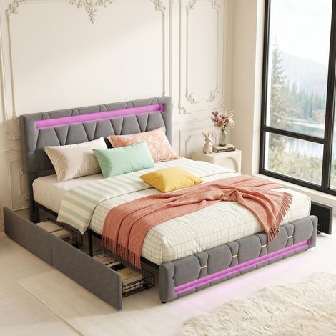 Lit Double Rembourré 140x190 cm en Lin Gris avec 4 Tiroirs - LED et USB Intégrés - Sommier à Lattes Inclus, Design Moderne