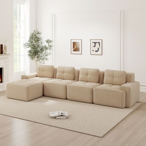 Boneless Sofas für Wohnzimmer, Modulares Sofa mit L-förmiger Chaiselongue, 4-Sitzer Bequem Polstertes Tiefsitz Corduroy-Cloud-Sofa, Montagefreies Sofa, Rutschfestes Design, Beige 
WL