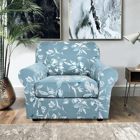 Washable printed stretch sofa cover in spandex for 1/2/3 seater sofas with anti-slip strap for living room, bedroom (light blue, 1 seater) (1/5)