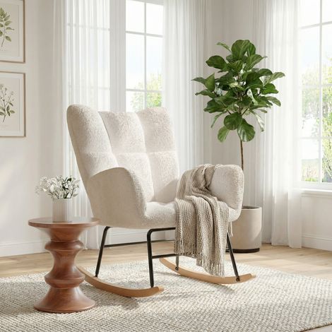 Fauteuil à bascule scandinave, Rocking chair confortable, tissu bouclette, pieds bois massif, structure métal, pour allaitement, salon, chambre - Beige