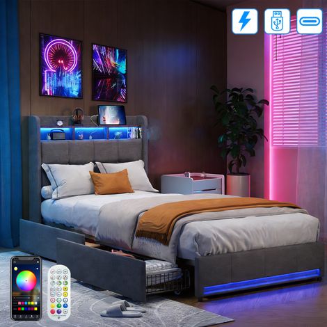 Lit 90x200 cm avec Éclairage LED et Multiprise, Lit avec 2 Grands Tiroirs de Rangement, Étagères Ouvertes et 3 Compartiments Latéraux, Lit Simple avec Sommier à Latte en Bois,Lit Une Place,Lin Gris
