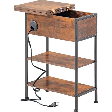 FurnitureR Table d'appoint moderne pour couloir avec prises électriques, aspect bois vintage et structure métallique, meuble compact avec 2 étagères pour l'entrée, 60 x 30 x 61 cm, marron (1/5)
