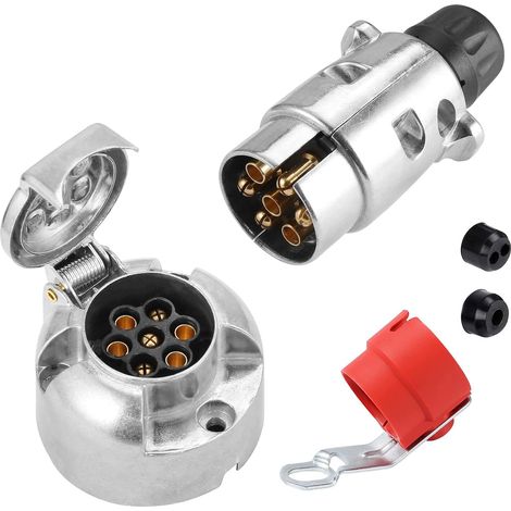 Fiche pour remorque 7 Broches et Prise de remorque 7 Broches en métal,12V Connecteur de remorque 7 Broches Male Femelle,Prise Attelage 7Broches Étanche,avec Support de fiche Rouge(SKM0702C) (1/5)