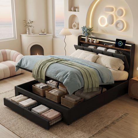 Lit Coffre 140x190 cm avec Tiroirs, avec éclairage LED et USB, lit adulte capitonné en lin - Scandinave, Lit avec sommier - Gris (1/5)