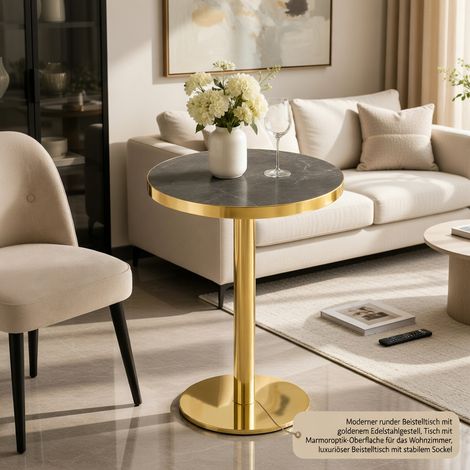 Table d'appoint ronde, avec un piètement en acier inoxydable doré, plateau à motif imitation marbre, gris et doré (1/5)