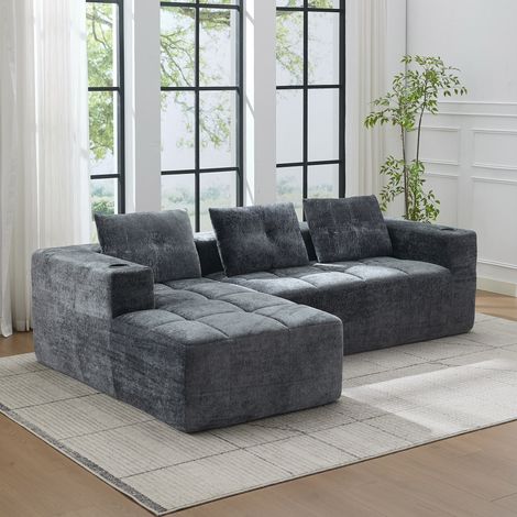 Divano angolare, con tre cuscini, portabicchieri, grigio, 258x163x68 cm (1/5)