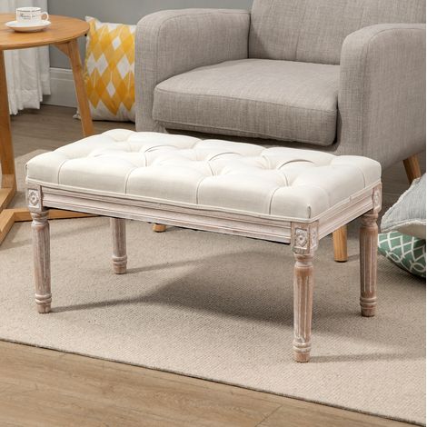 Puf tapizado (80x40x43 cm), asiento acolchado, estilo vintage francés, patas de madera, poliéster, blanco crema (1/5)