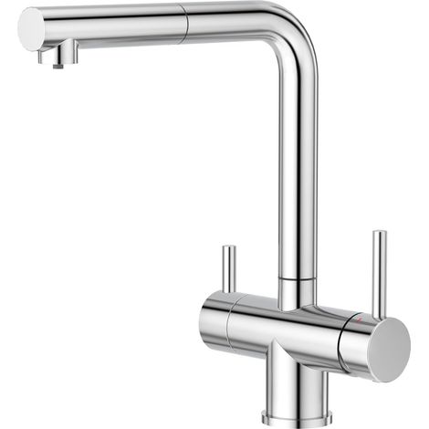 Robinet Cuisine 3 Voies avec Douchette Extractible, Mitigeur 3 Voies Cuisine Pivotant à 360°, Robinetterie Cuisine Eau Potable, Robinet Évier de Cuisine avec Sortie Eau Filtrée,Chrom
