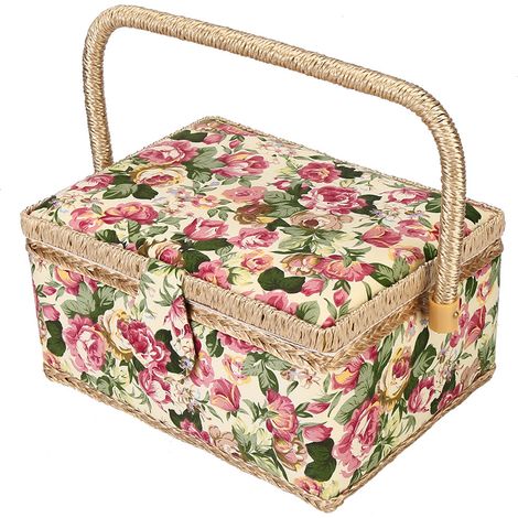 Coffret Couture avec Panier à Couture, Boîte de Rangement pour Aiguilles et Fils, Tissu Ménager (Rose) (1/5)