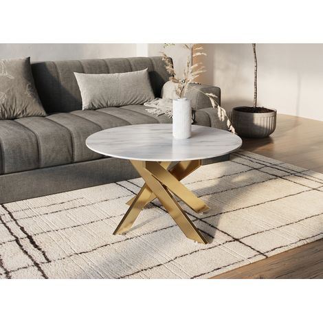 Deco In Paris – Table basse ronde en verre marbré – Pieds en métal doré – Diamètre 80 cm – Hauteur 43 cm – Épaisseur plateau 8 mm