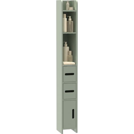 Meuble colonne de salle de bain - armoire toilette haute - kleankin - avec étagères, placards - bois - 15 x 17 x 120 cm - vert clair (1/5)
