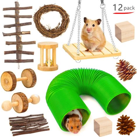 Ahlsen Zwergkaninchenspielzeug (12 Stück), Hamsterspielzeug aus natürlichem Holz, Nagetierspielzeug für den Innenbereich für Kleintiere Kaninchen/Hamster/Eichhörnchen/Chinchilla (1/5)