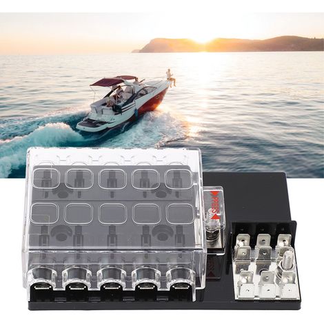 Fusible à lames automobiles à 10 voies, boîtier étanche ATC/ATO avec bus négatif, 12-36 V CC, convient aux voitures, bateaux, camping-cars, remorques, camions et fourgonnettes. (1/5)
