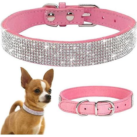 Collier - Chien Chat - Rose - Strass - Cuir Synthétique Souple - Ajustable 27 À 33 Cm - 1 Pièce (1/5)
