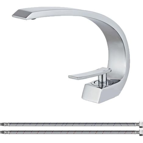Chrome bathroom sink faucet with water supply hose, single-hole sink faucet with unique design, mixer tap for sink (1/4)