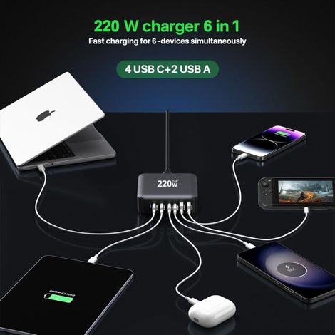 Caricabatterie USB-C multiporta da 220 W - Stazione di ricarica a 6 porte [4 USB-C + 2 USB-A], hub GaN compatto, USB-C PD + USB-A QC Power Delivery, compatibile con iPhone/iPad/Samsung/Laptop (1/4)