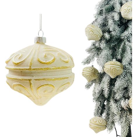 Christbaumschmuck aus Glas - Cremefarbener Kreisel mit Golddekor, 10 cm