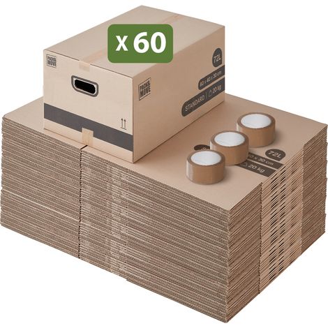 Lot de 60 cartons déménagement M – Dimensions 60 x 40 x 30 cm – Capacité 72 litres – Poignées renforcées pour transport facile – Pack And Move
