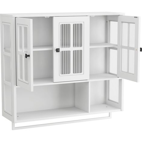 Armario de Pared para Baño con 3 Puertas, Vidrio Estriado y Barra Toallero, en MDF, Blanco, 88×26×82,5 cm (1/5)