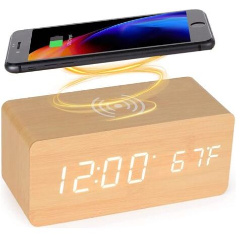 LaBlanc Digitaler Wecker aus Holz mit kabellosem Ladegerät, digitaler Wecker aus Holz mit LED-Anzeige von Zeit, Temperatur und Ton für Schlafzimmer, Büro (Bambus) (1/5)