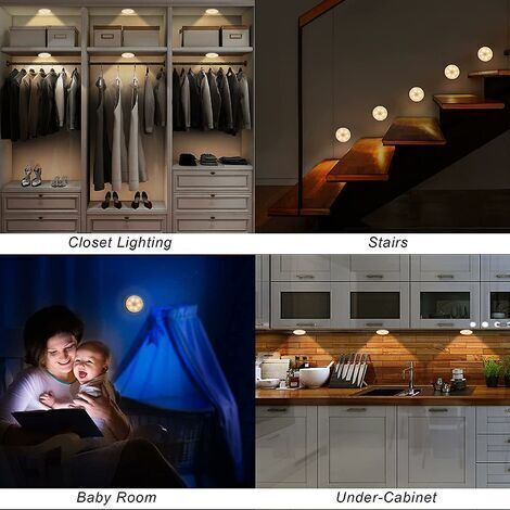 NALOOKAMIC Lot de 6 lampes LED avec détecteur de mouvement, lumières LED à batterie rechargeable, éclairage intérieur avec bande magnétique adhésive pour éclairage armoire, escalier, cuisine, garage,