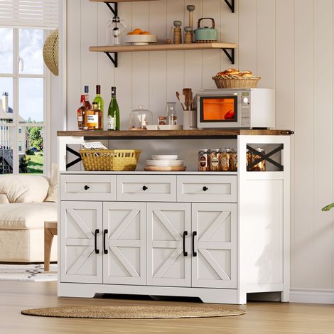 Buffet en MDF blanc et marron 140x35x95 cm, avec 3 tiroirs, 2 placards et niche de rangement, style rustique moderne (1/5)