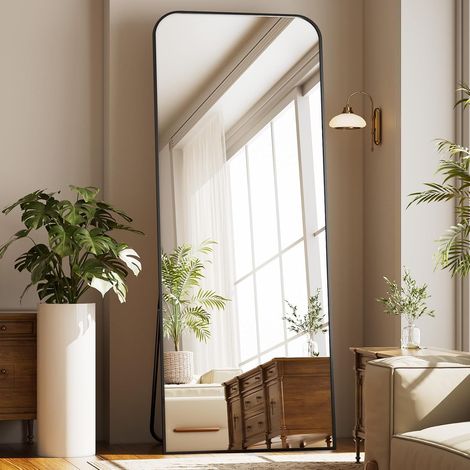 Miroir sur pied avec coins incurvés 76 x 171 cm, miroir pleine longueur, incassable, moderne, merveilleux pour salon, chambre, couloir, noir (1/5)