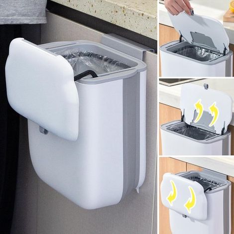 Cubo de basura colgante plegable con tapa para puerta armario, cubo basura plástico pared encimera debajo fregadero, baño caravana (blanco tapa) (1/5)
