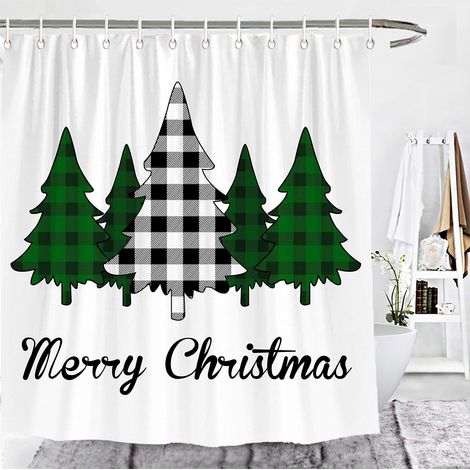 Fröhliche Weihnachten Duschvorhang mit Büffelkaromuster und Tannen im Landhausstil (1/5)