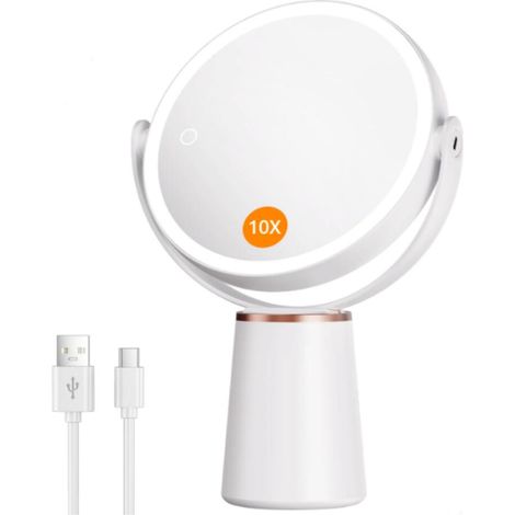 Blanc,Miroir Grossissant Lumineux 1X/10X Double Face, Miroir Grossissant sur Pied Rechargeable 2500mAh avec 3 Couleurs éclairage, 52 LED, Rotation 360° pour Maquillage, Soin du Visage