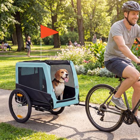 Remorque vélo pliable avec réflecteurs de sécurité et laisse, pour chiens de taille moyenne jusqu'à 20 kg, 143 x 70 x 90 cm, bleu clair