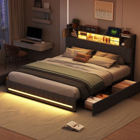 Cama individual de 140x190 cm - Cajón de almacenamiento - Estante en el cabecero - Iluminación LED regulable - Puerto USB - Estructura de lamas de madera (1/5)