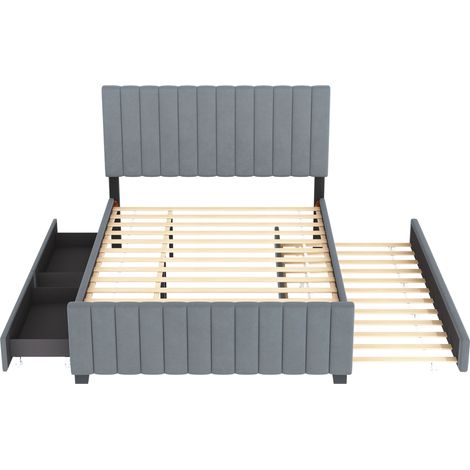 Lit capitonné 140x190 cm avec lit escamotable, 2 tiroirs – Double plat en velours gris (sans matelas)