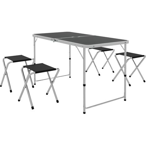 Campingtisch- und Stuhlset, Campingtisch mit 4 Klappstühlen, 120 x 60 x 55–70 cm, Dunkelgrau
