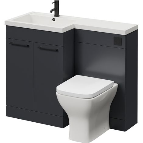 Napoli 460 Gloss Grey 1100mm 2 Door Vanity Unit Toilet Suite with Left Hand Square Lucia Basin - 1100mm - Matt Black 160mm HandleWith Kingston Toilet Pan and Seat