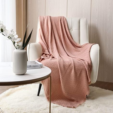 Plaid décoratif en Tricot gaufré, Doux, Chaud, Confortable, léger pour Maison, canapé, Chaise, lit - pour Printemps, été, Automne - 127 x 152 cm, Rose Corail (1/5)