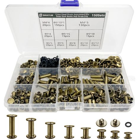150 Set Vis Chicago, Kit De Rivets Pour Cuir Cruciforme 4/5/6/8/10/12/15/18mm, Vis MéTal Clou Rivet Bouton Chicago, Pour Ceinture Cuir Diy Livre Artisanat Ceinture Portefeuille Reliure (Bronze) (1/5)