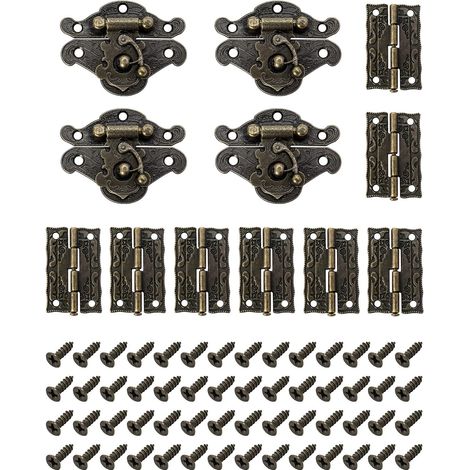 Lot de 4 Verrous vintage antique, fermoir boite verrou décoratifs antiques avec 8 charnières et 56 vis pour décoratifs cabinet armoire Boîte (1/5)