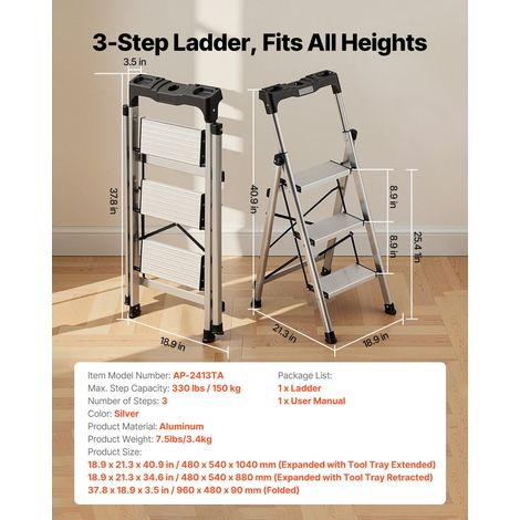 Escabeau pliant 3 marches en aluminium, tabouret haut avec marche antidérapante large et poignée confort, charge 150 kg, usage cuisine entrepôt maison bureau, argenté (1/5)