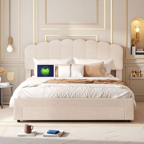 Cama Doble 160x200 Beige con Cajón y USB Tipo-C, Cabecero Ajustable, Estructura de Cama Moderna con Almacenamiento para Adultos