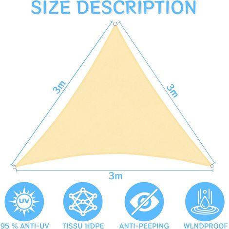 Vela de sombra triangular de 3x3x3 m, impermeable, resistente al agua y al viento, fabricada en poliéster con protección UV para jardín, terraza y uso exterior. (1/4)