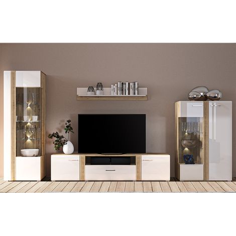Wohnwand in Eiche Nb. AKRON-131 modern mit Fronten in weiß Hochglanz 4-teilig mit TV-Lowboard (1/5)