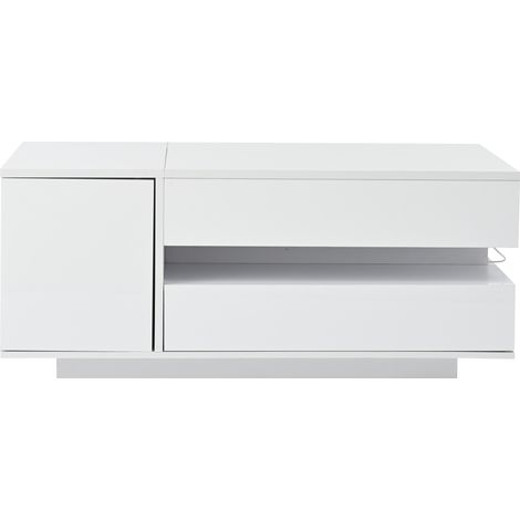 Table basse blanche en panneau de particules 90x50x34,5 cm avec plateau relevable, LED, 1 tiroir et 1 armoire (1/5)